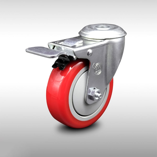 4 Inch SS Red Polyurethane Wheel Swivel Bolt Hole Caster with Total Lock Brake